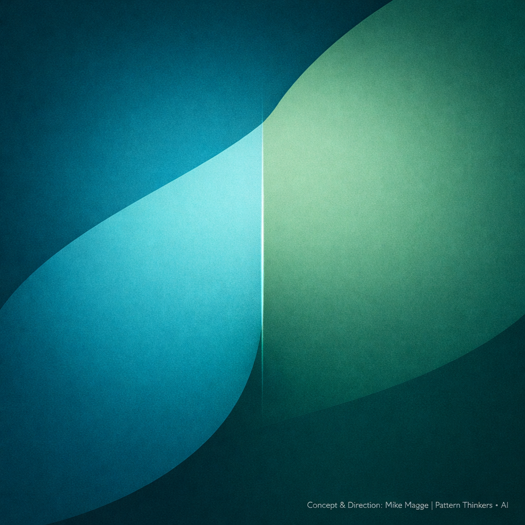 Abstract illustration showing two soft, overlapping color fields—one blue and one green—meeting at a thin, nearly invisible boundary, suggesting social belonging shaped by design.