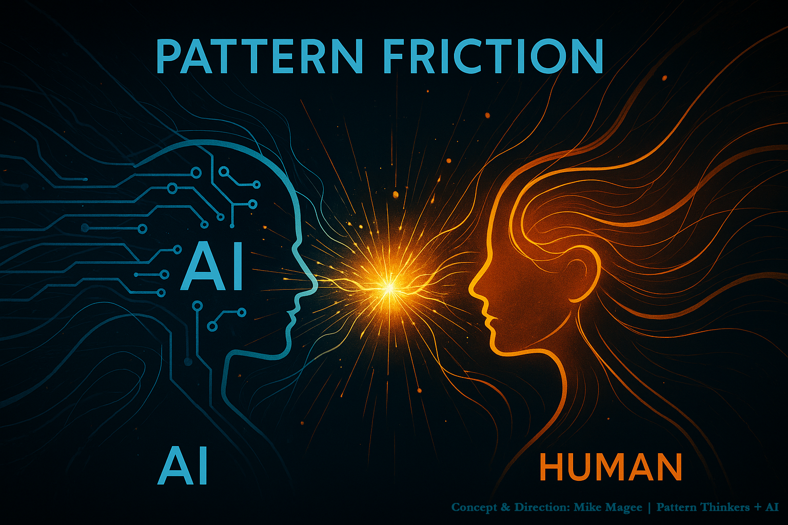 Abstract illustration showing “Pattern Friction” between a human mind and an AI model, with glowing neural lines clashing in the center to represent cognitive misalignment and alignment dynamics.