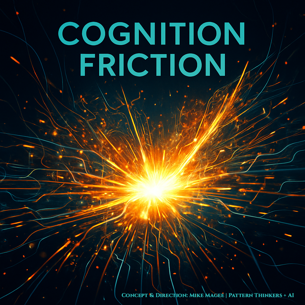 Abstract burst of orange sparks radiating from a bright ignition point against a dark teal background, symbolizing cognitive friction.