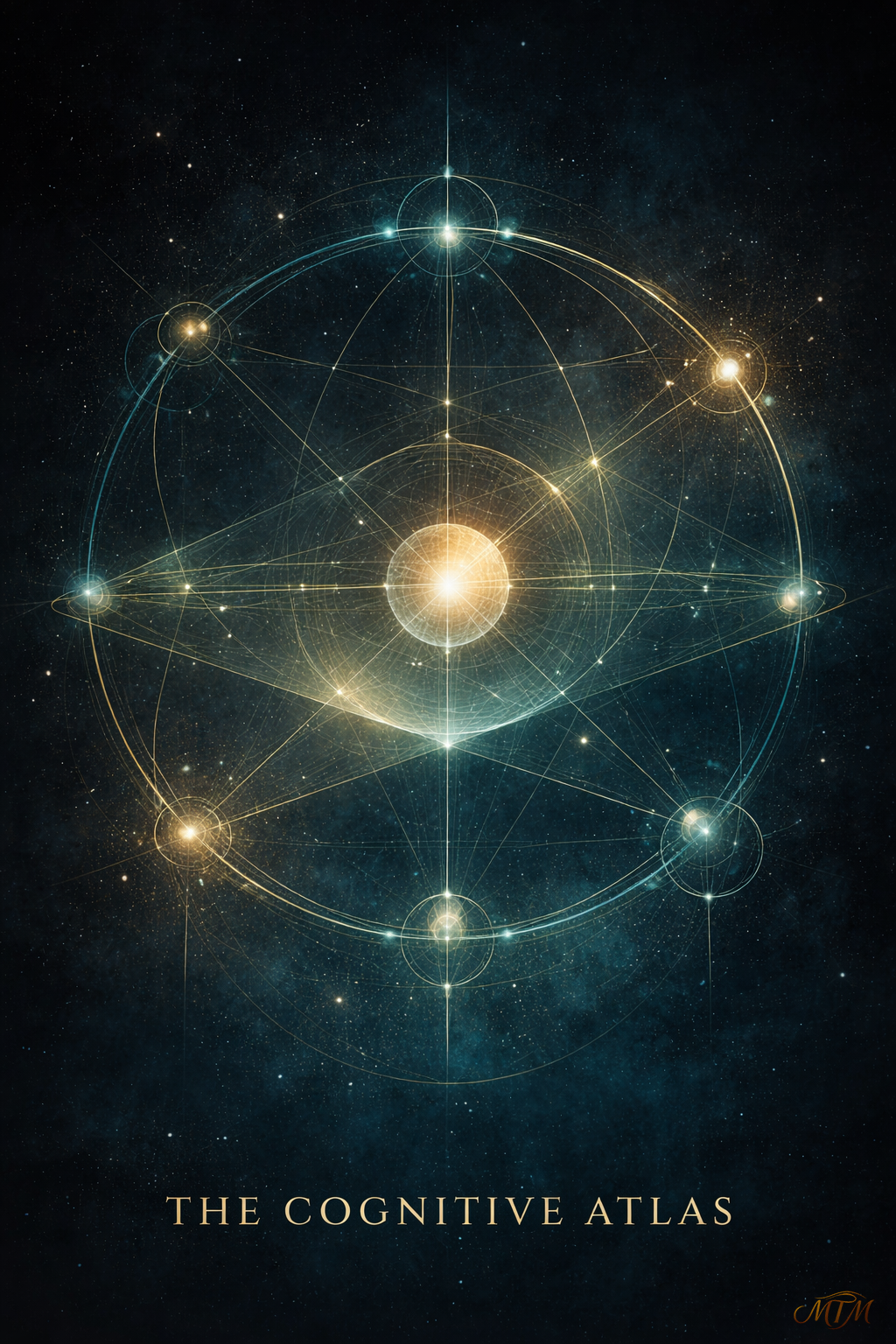 An abstract, luminous atlas-like structure composed of interconnected geometric fields and pathways, representing the structural organization of human and artificial cognition.