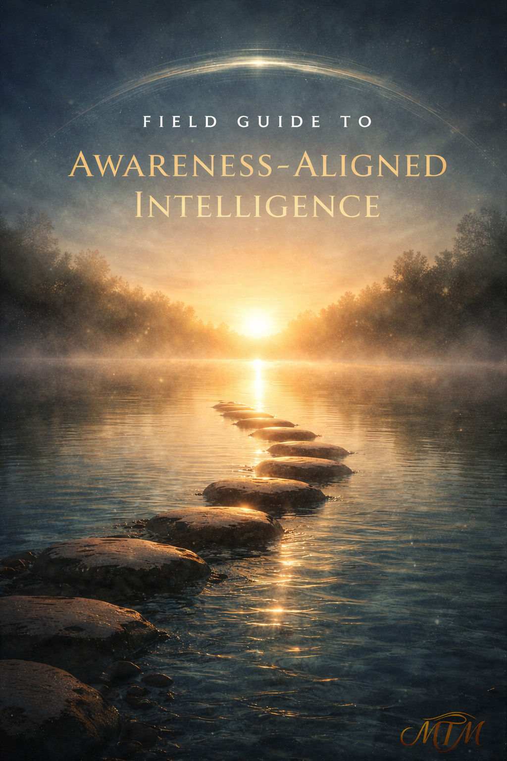 A calm, symbolic landscape showing a human figure oriented within a luminous field of patterns and pathways, representing awareness, attention, and alignment in human–AI co-cognition.