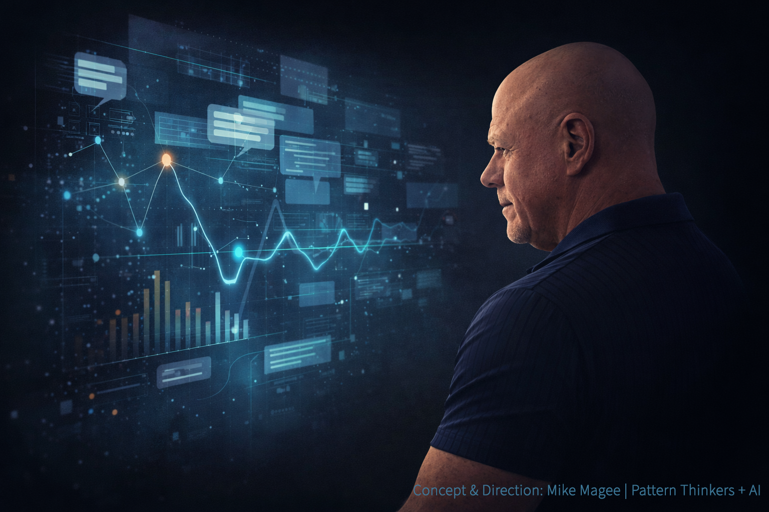 Illustration of a man seated at a desk, facing a softly illuminated digital interface, suggesting focused interaction with an AI system.