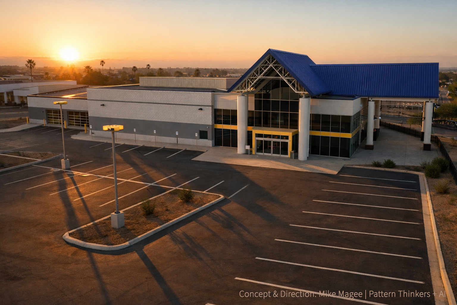 Slightly elevated view of a large car dealership building at sunset, seen from a downward angle, with an empty parking lot and long shadows stretching across vacant parking spaces.