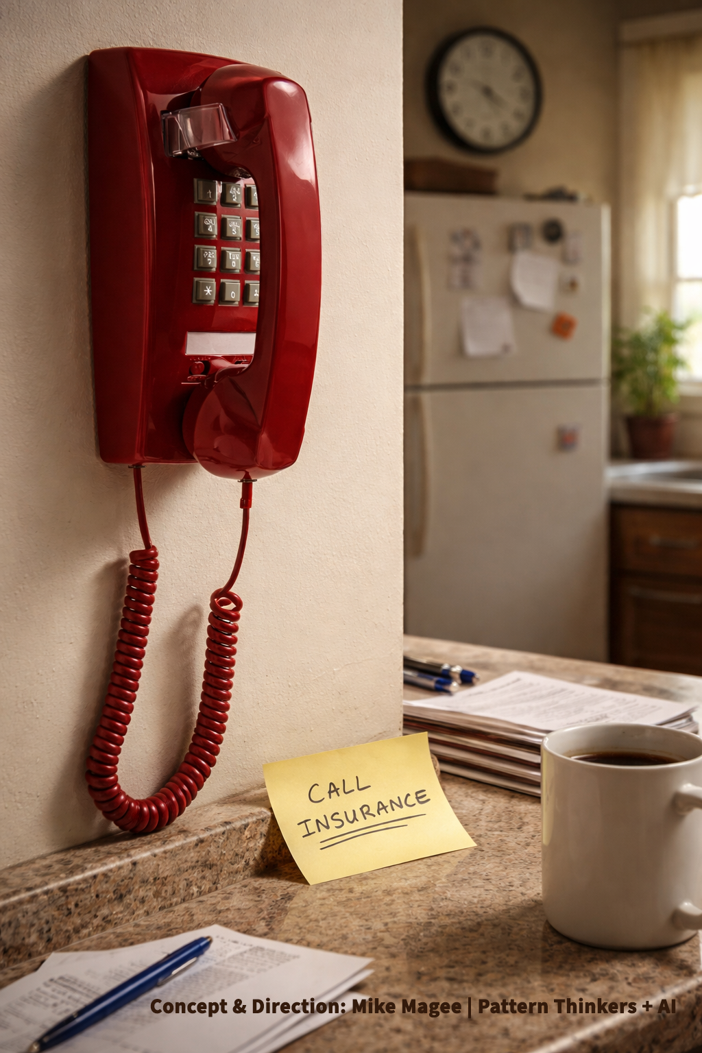 A dimly lit kitchen with a red wall-mounted corded phone. The phone receiver hangs in front of a framed black-and-white maze. A pale yellow sticky note nearby reads “CALL INSURANCE,” written diagonally and underlined twice. A clock on the wall shows 9:47 AM.