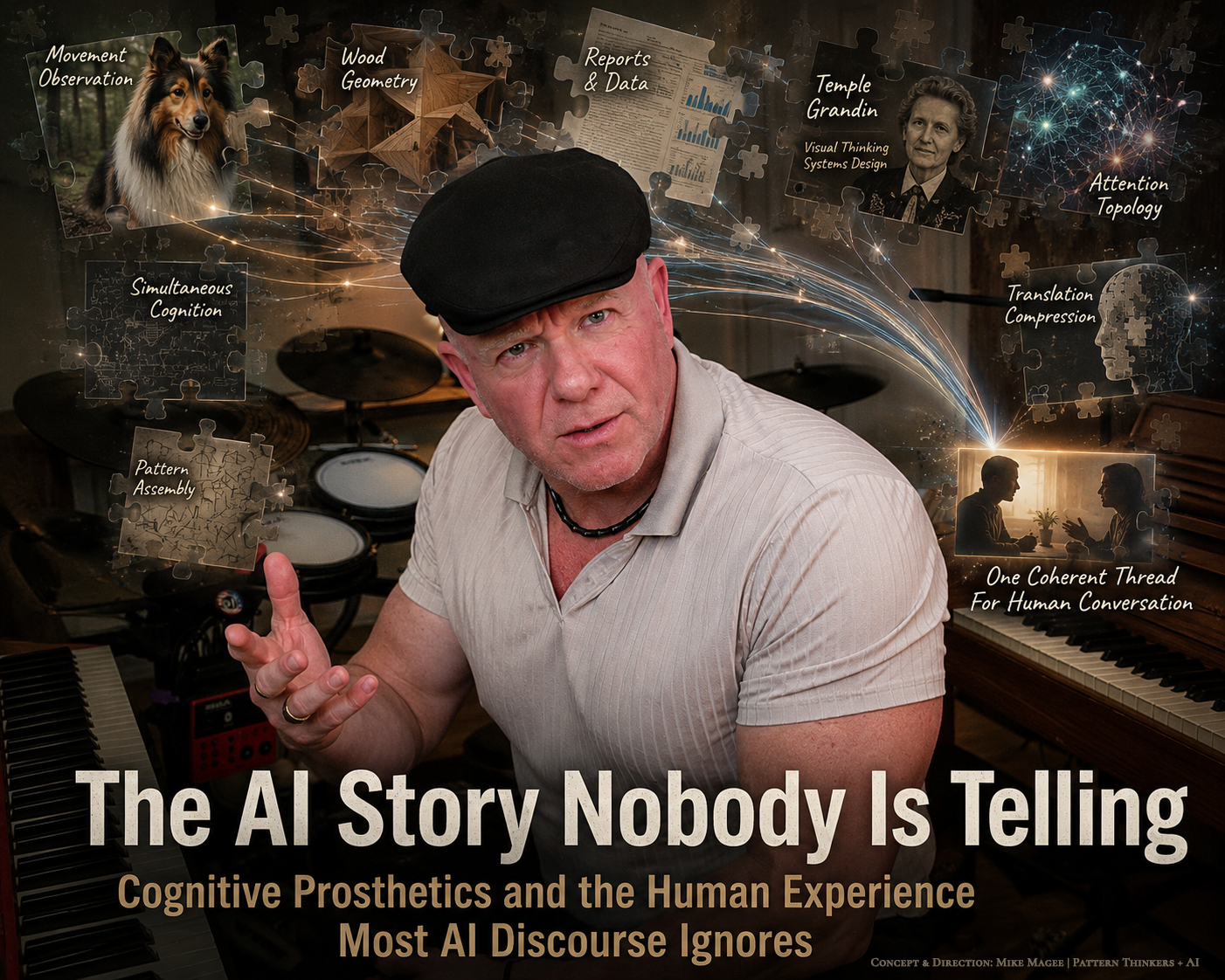 Mike Magee seated at a piano in a home studio environment, surrounded by layered visual fragments representing simultaneous cognition and human–AI translation.
