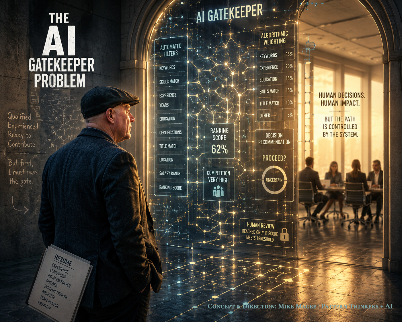 A man stands before a large AI-driven hiring gate displaying applicant rankings, keyword matching, and automated screening criteria while human interviewers work beyond the barrier.