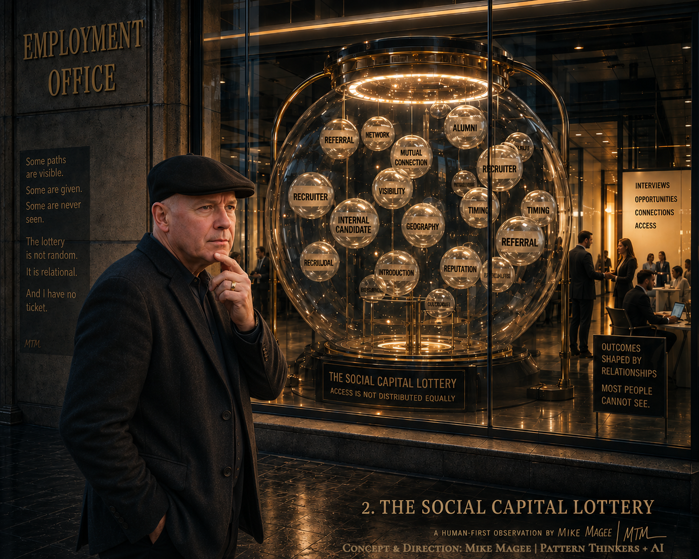 A man observes a large lottery-like mechanism filled with symbols representing networking, relationships, referrals, and professional connections.