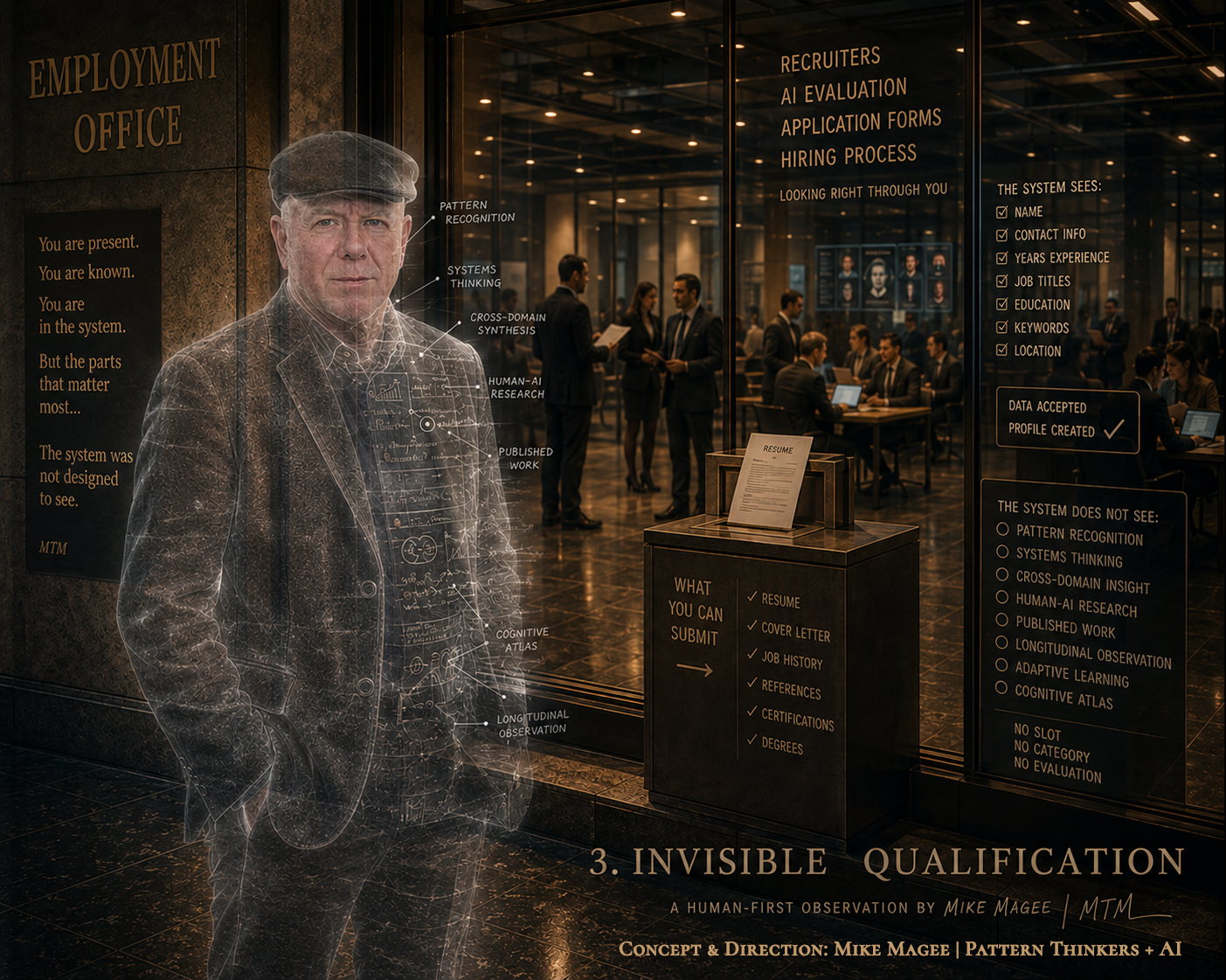A man stands outside a company entrance while portions of his body appear transparent, symbolizing qualifications that remain unseen by hiring systems.