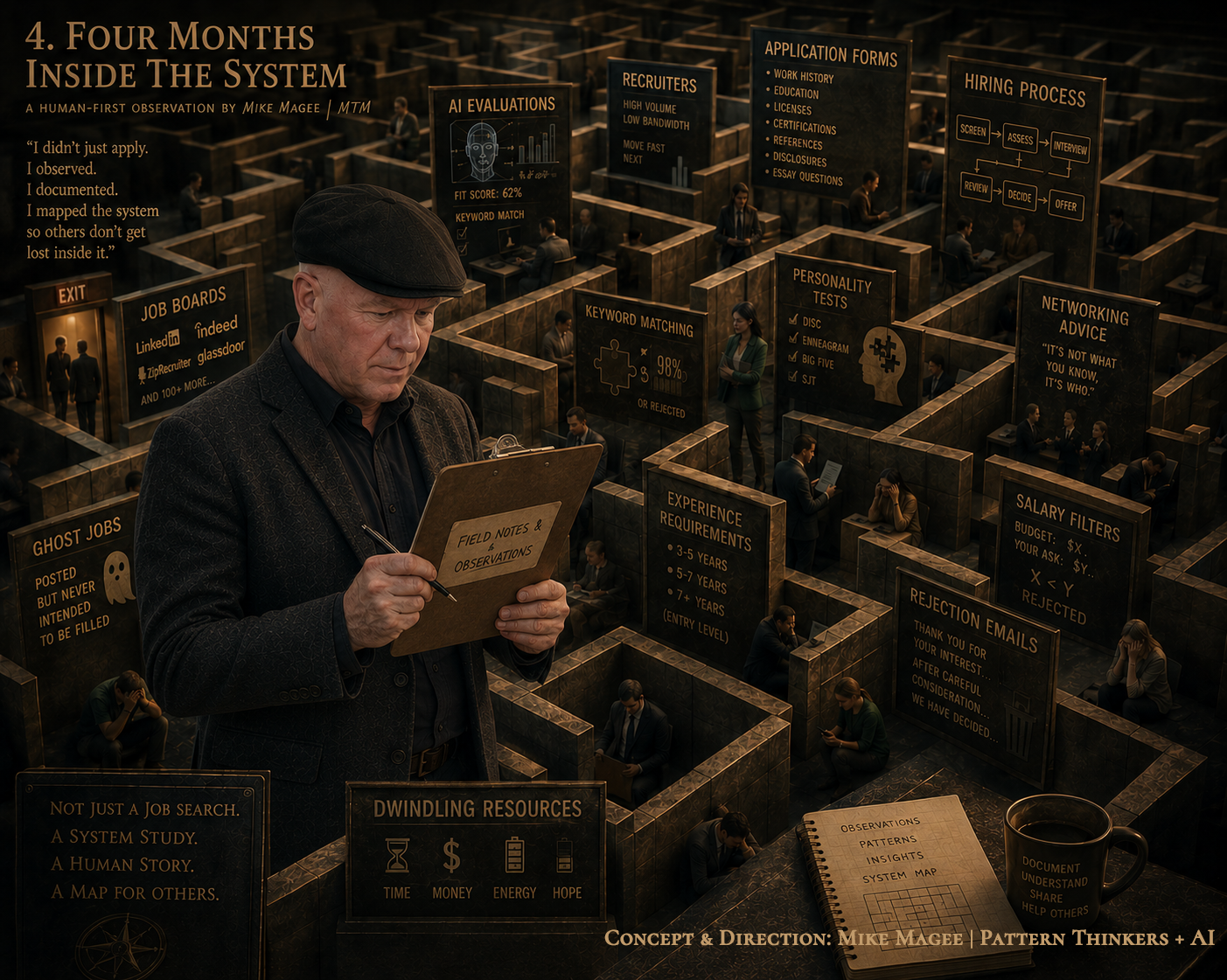 A man studies a clipboard while standing inside a maze constructed from hiring processes, AI evaluations, job boards, application forms, and recruitment systems.