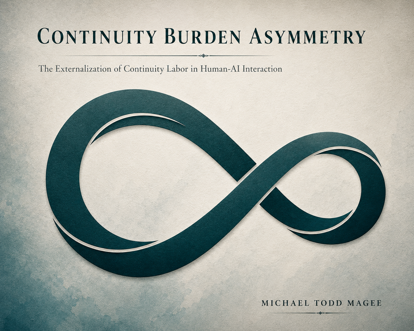 A teal and aqua infinity-loop symbol on a textured light background above the title Continuity Burden Asymmetry: The Externalization of Continuity Labor in Human-AI Interaction by Michael Todd Magee.