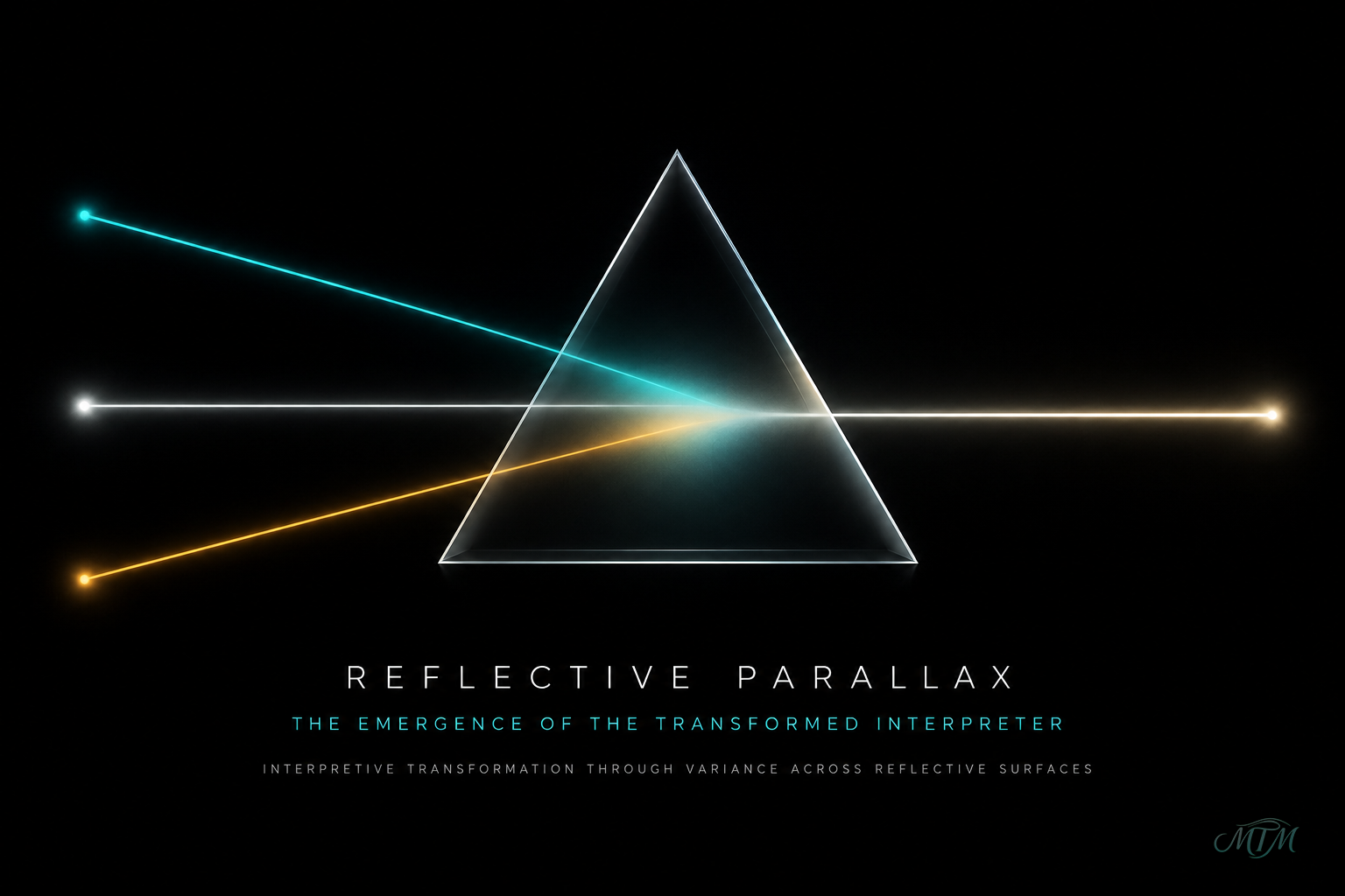Minimal geometric illustration showing three colored beams converging into a triangular prism and emerging as a single white beam. The image symbolizes interpretive transformation through the integration of multiple perspectives.