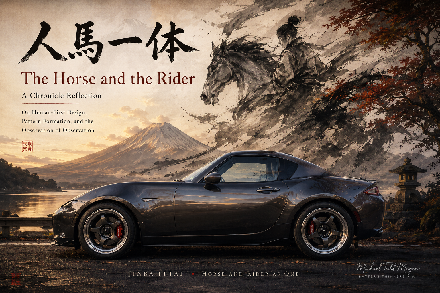 Illustrated cover for The Horse and the Rider — A Chronicle Reflection.” A gray Mazda MX-5 RF sits beneath large Japanese calligraphy reading 人馬一体 (Jinba Ittai). A horse and rider emerge from traditional ink-brush strokes against a misty landscape, visually blending themes of human experience, motion, and design. The title appears beneath the calligraphy with the subtitle “On Human-First Design, Pattern Formation, and the Observation of Observation.