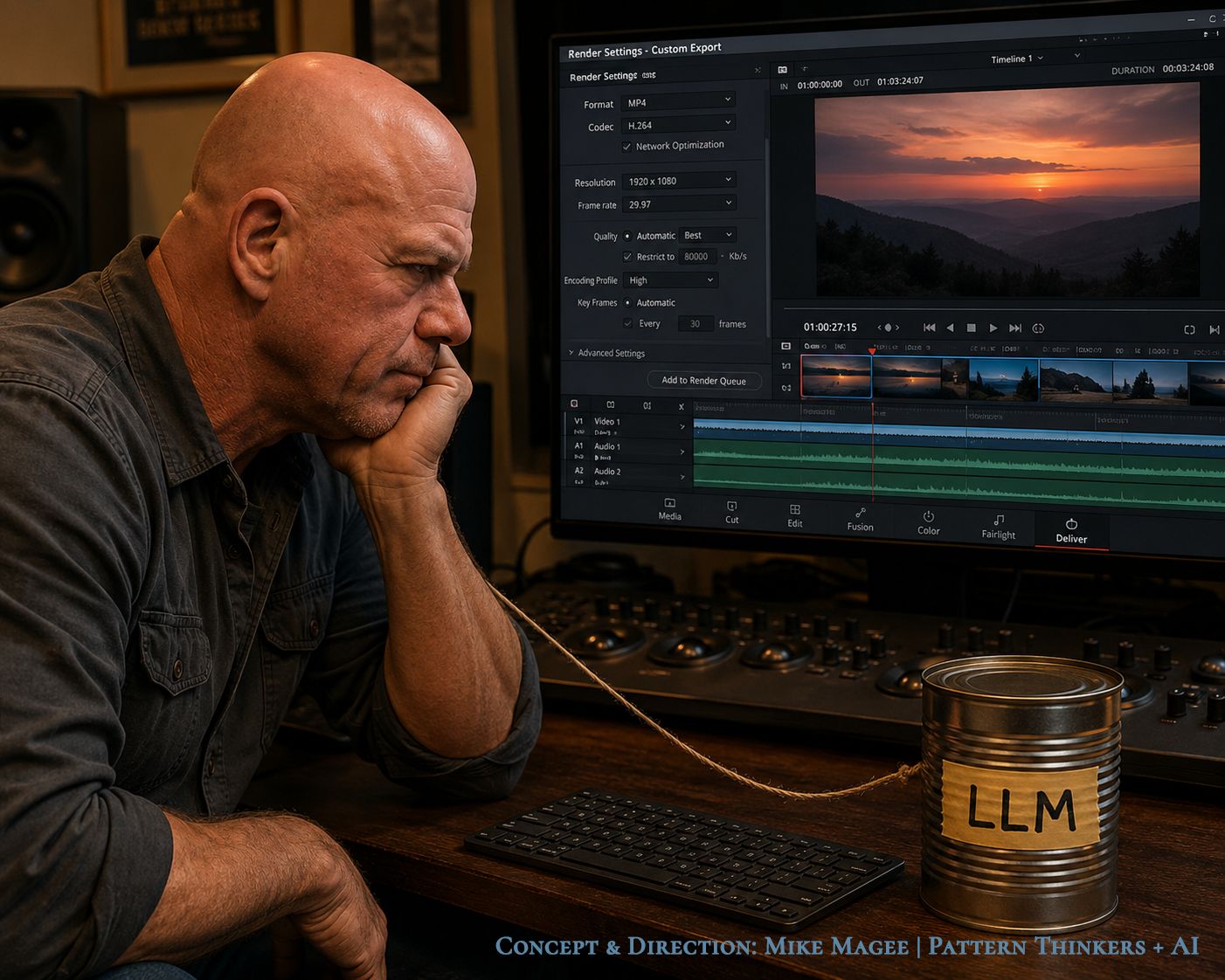 A man sits at a professional video editing workstation, resting his chin on his hand while looking skeptically at a tin can labeled "LLM" connected by a string. A DaVinci Resolve export screen is visible on the monitor behind him, creating a humorous contrast between modern AI and a simple low-tech communication device.