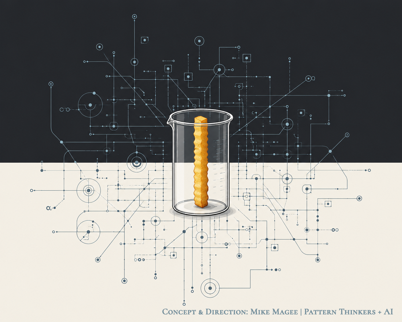 A minimalist 2D editorial vector graphic illustration. In the center, a single, realistic golden-brown crinkle-cut french fry stands perfectly vertical inside a clear, transparent glass laboratory beaker. The background is divided horizontally by a sharp line: the top half is solid deep charcoal gray, and the bottom half is solid off-white cream. Surrounding the beaker is an intricate, widespread network of thin, fine slate-blue technical schematic lines, circuit paths, and small data node dots mapping the space. The layout is clean, flat, and high-contrast with no text words.