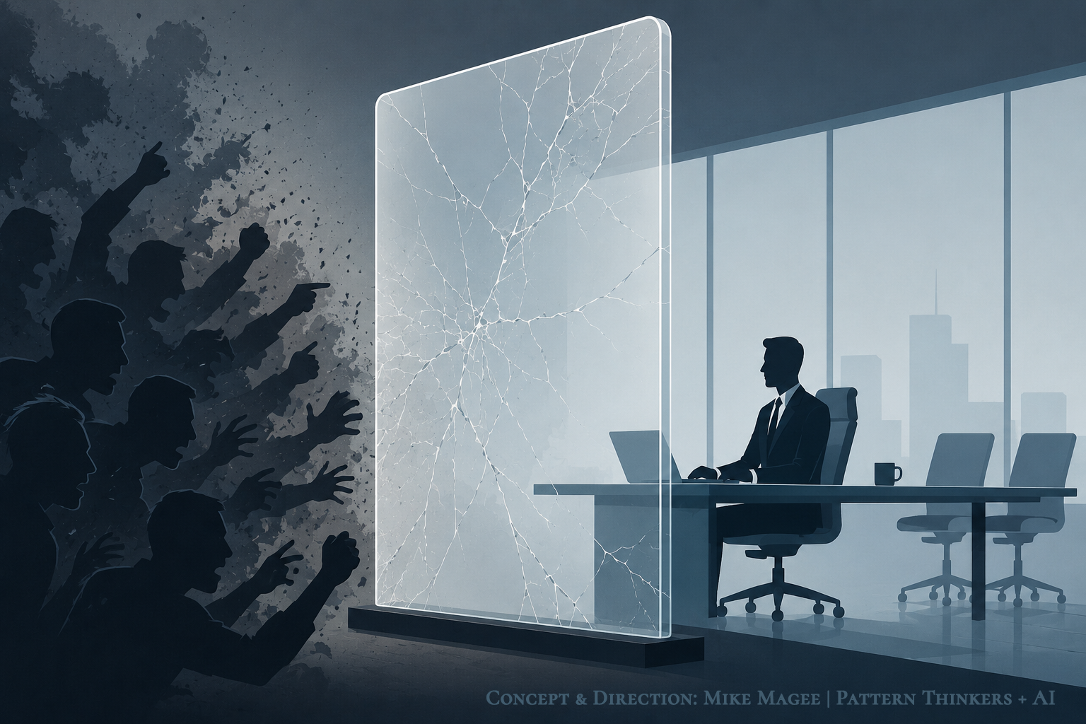 A minimalist illustration of a cracked transparent glass barrier separating a crowd of frustrated silhouettes from a calm executive seated in a boardroom. The glass absorbs the visible damage while the executive remains untouched behind it.